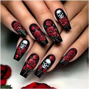 24pcs Long Square Acrylic Skull & Rose Pattern Fake Nails